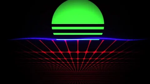 Neon laser grid pattern with green orb and red blue lines on black background Stock Footage 335964535