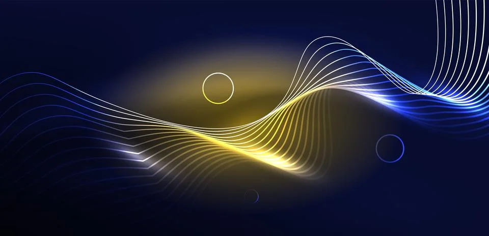 Neon laser lines, circles waves abstract background. Neon light or laser show Stock Illustration