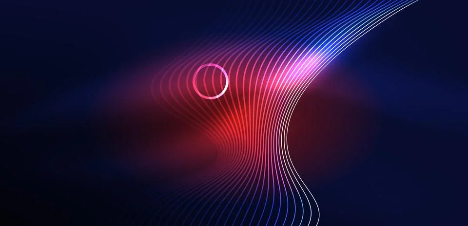 Neon laser lines, circles waves abstract background. Neon light or laser show Stock Illustration