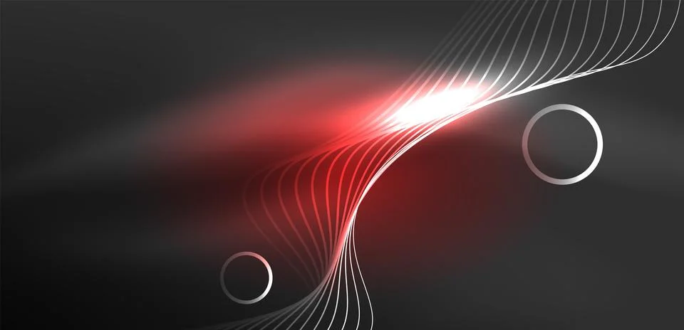 Neon laser lines, circles waves abstract background. Neon light or laser show Stock Illustration