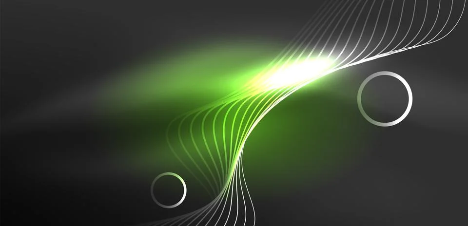 Neon laser lines, circles waves abstract background. Neon light or laser show Stock Illustration