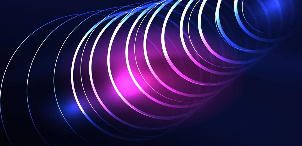 Neon laser lines, circles waves abstract background. Neon light or laser show Stock Illustration
