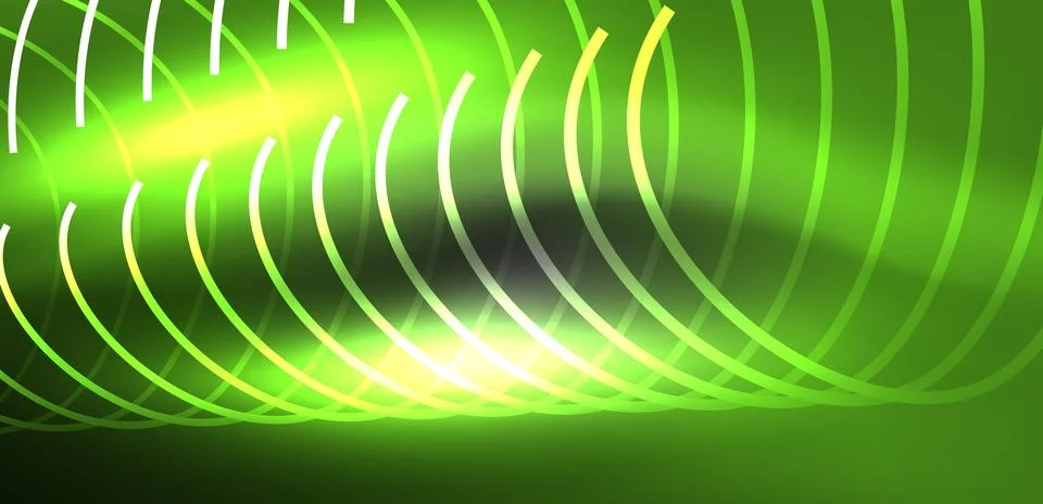 Neon laser lines, circles waves abstract background. Neon light or laser show Stock Illustration