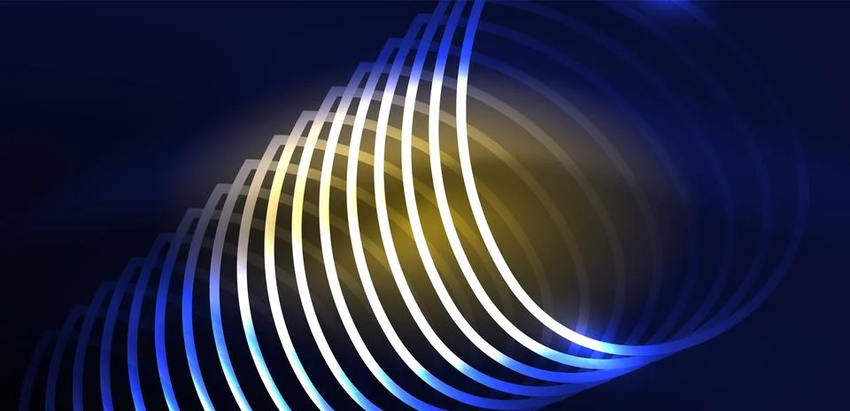 Neon laser lines, circles waves abstract background. Neon light or laser show Stock Illustration