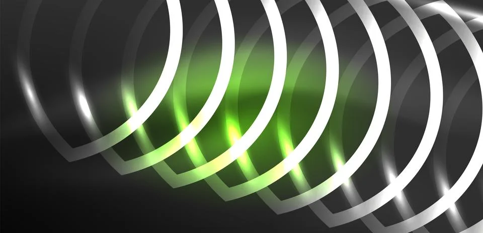 Neon laser lines, circles waves abstract background. Neon light or laser show Stock Illustration
