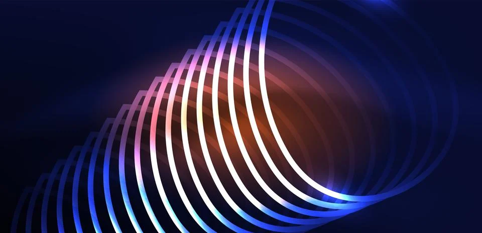 Neon laser lines, circles waves abstract background. Neon light or laser show Stock Illustration