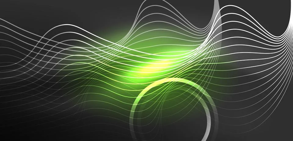Neon laser lines, circles waves abstract background. Neon light or laser show Stock Illustration