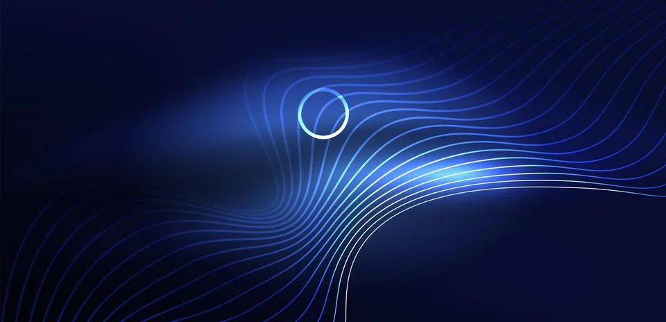 Neon laser lines, circles waves abstract background. Neon light or laser show Stock Illustration