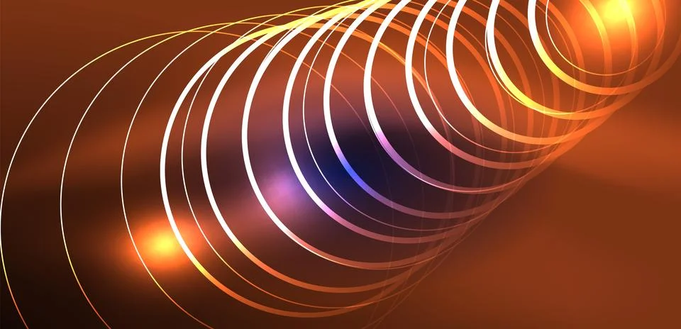 Neon laser lines, circles waves abstract background. Neon light or laser show Stock Illustration