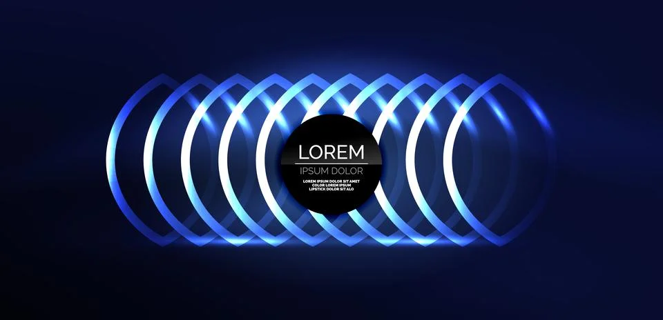 Neon laser lines, circles waves abstract background. Neon light or laser show Stock Illustration
