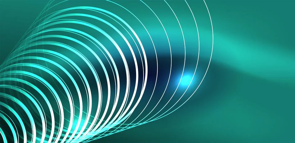 Neon laser lines, circles waves abstract background. Neon light or laser show Stock Illustration