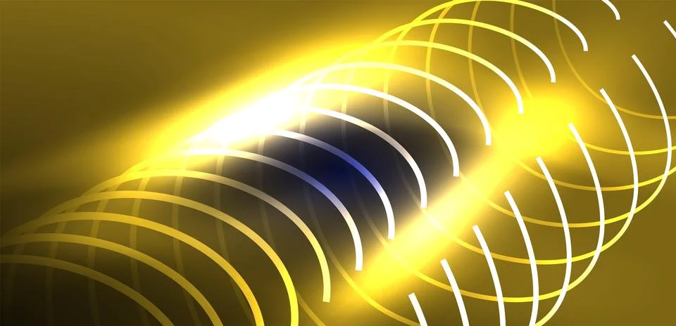 Neon laser lines, circles waves abstract background. Neon light or laser show Stock Illustration