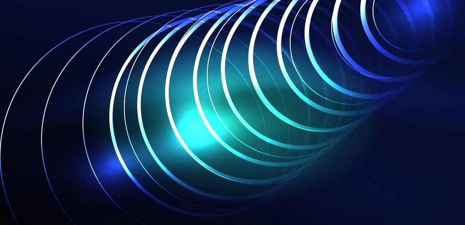 Neon laser lines, circles waves abstract background. Neon light or laser show Stock Illustration