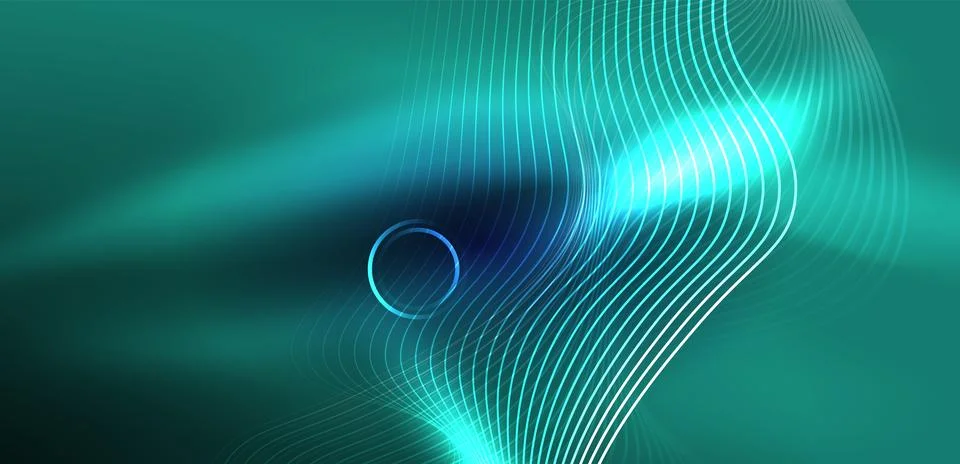 Neon laser lines, circles waves abstract background. Neon light or laser show Stock Illustration