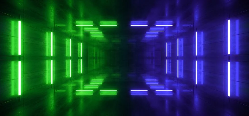 Neon Laser Rectangle Tunnel Corridor Stage Construction Fluorescent Green Blu 스톡 일러스트