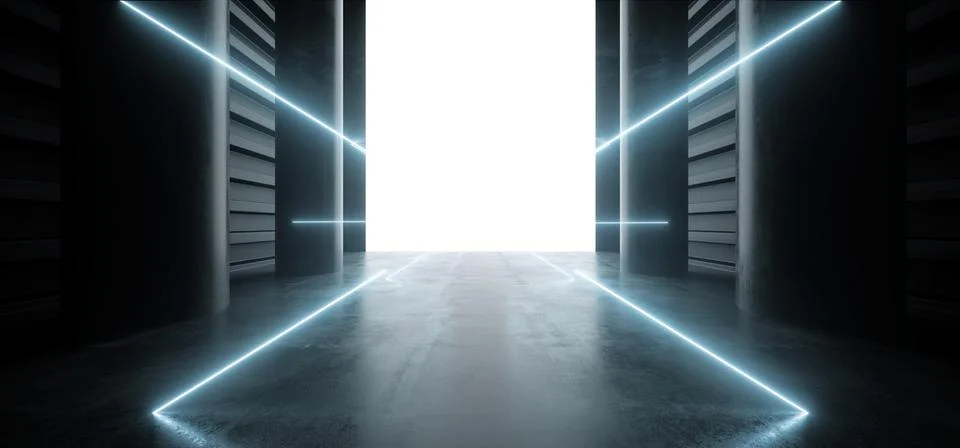 Neon Laser Sci Fi Fluorescent Blue Futuristic Garage Showroom Tunnel Corridor Stock Illustration