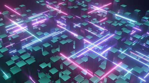 Neon laser squares extending staggered in dark space 스톡 일러스트