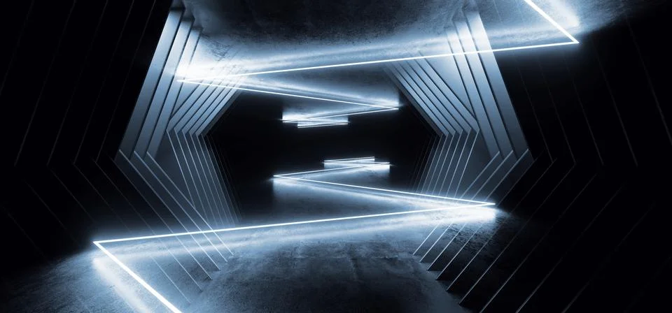 Neon Lasers Blue Sci Fi Modern Futuristic Angular Alien Spaceship Room Tunnel Stock Illustration