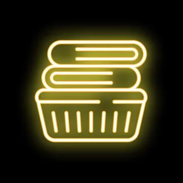 Neon laundry basket with folded clothes icon on black background Stock Illustration