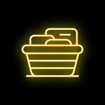 Neon laundry basket full of clothes icon on black background Stock Illustration