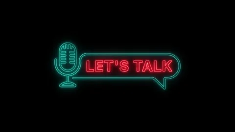 Neon Let’s Talk Text with Microphone Icon in Speech Bubble on Black Background Stock Footage 346168128