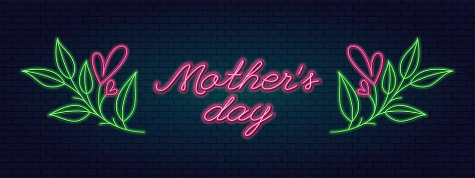 Neon lettering Mother's Day. Floral twigs with Hearts. Vector illustration Stock Illustration