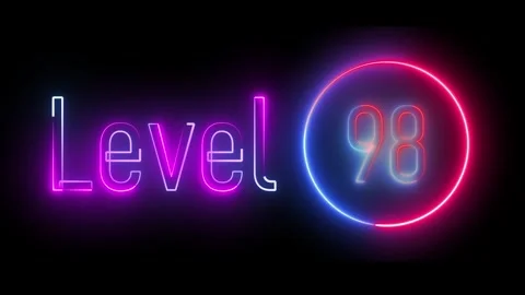 Neon 'level 98' sign in a dazzling array of colors with a glowing circular .. Stock Footage 309014889
