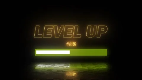 Neon level up text animation with progress bar with reflection on dark space Stock Footage 335194734