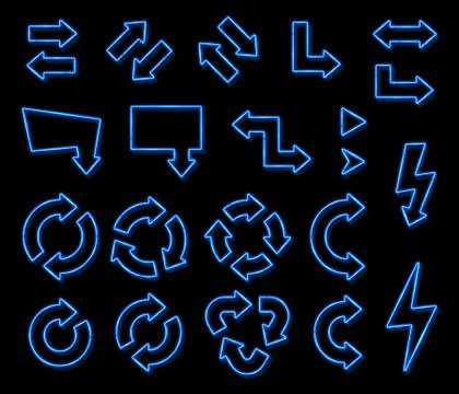 Neon light 3d arrow vector set on black background Stock Illustration