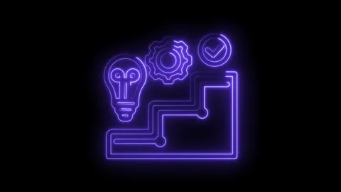 Neon light abstract concept of innovation gears and lightbulb success checkmark Stock Footage 333951449
