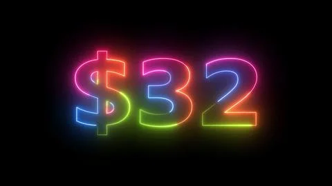 Neon Light Animated Text Displaying 32 Dollars. Bright Multicolored Digits .. Stock Illustration