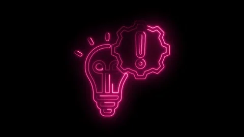 Neon light animation of idea bulb with exclamation mark on gear on black ba.. Stock Footage 346002902
