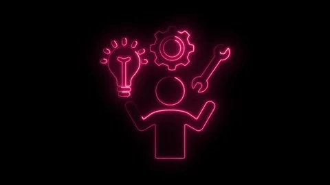 Neon light animation showing creative problem solving tools and a person on a Stock Footage 322957362