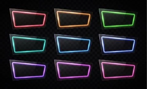 Neon light banners set on black background. Stock Illustration