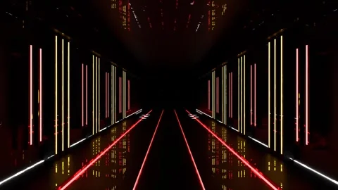 Neon Light Bar Corridor with Red Laser Lines Converging on Floor Stock Footage 346780714