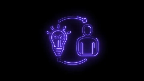 Neon light bulb and person icon with circular arrows symbolizing idea shari.. Stock Footage 346102943