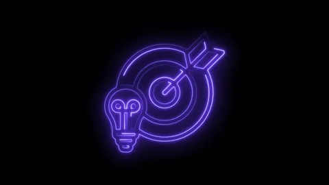Neon light bulb and target with arrow glowing purple on black background concept Stock Footage 333951555