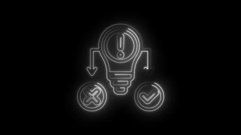 Neon light bulb with exclamation mark and arrows pointing to checkmark and .. Stock Footage 346828856