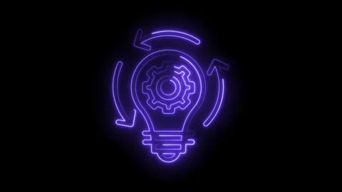 Neon light bulb with gear and arrows innovation cycle concept on black Stock Footage 322963853