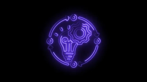 Neon light bulb gear cycle process innovation idea generation workflow auto.. Stock Footage 346129246