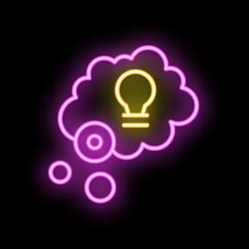Neon light bulb glowing inside thought bubble on black background Illustrazione stock
