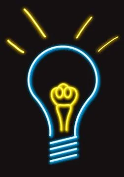 Neon light bulb icon vector with light rays on black background Illustrazione stock