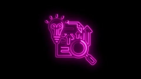 Neon light bulb idea analysis growth chart magnifying glass icon animation .. Stock Footage 346132099