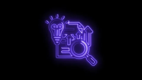 Neon light bulb idea analysis magnifying glass with upward arrows on black .. Stock Footage 346132157
