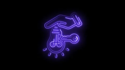 Neon light bulb with key and hand icon representing innovation solution idea Stock Footage 333959518