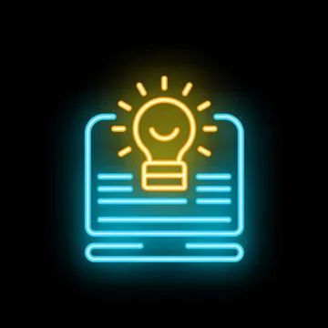 Neon light bulb shining over laptop screen on black background イラスト素材