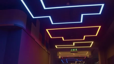 Neon light ceiling exit corridor hall Stock Footage 229190833