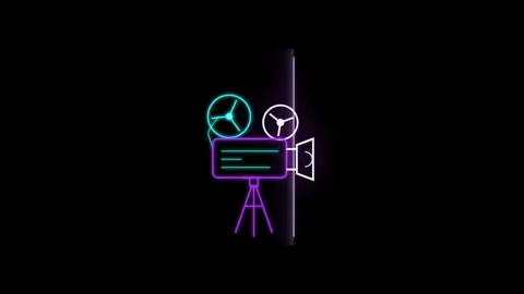 Neon light cinema camera icon with glowing blue and purple outline video Stock Footage 344240293