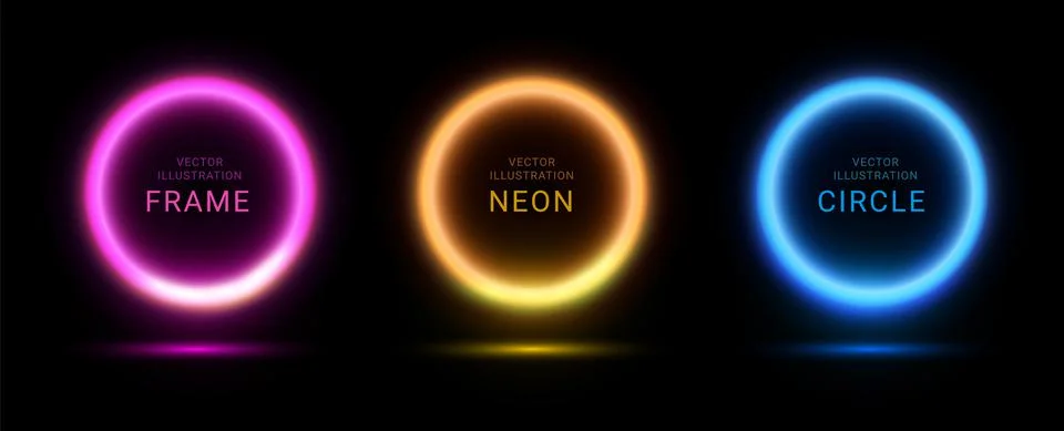 Neon light circle ring. Purple glow laser neon round vector effect circle frame Illustrazione stock