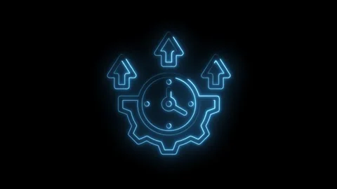 Neon light of clock with gear mechanism and upward arrows representing progre Video stock 312307629